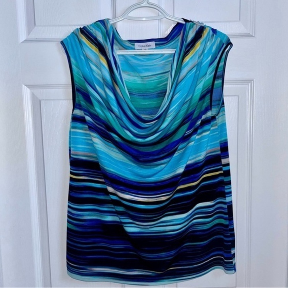 Calvin Klein Top cami tank Cowl neck Women Large sleeveless blue pattern shirt